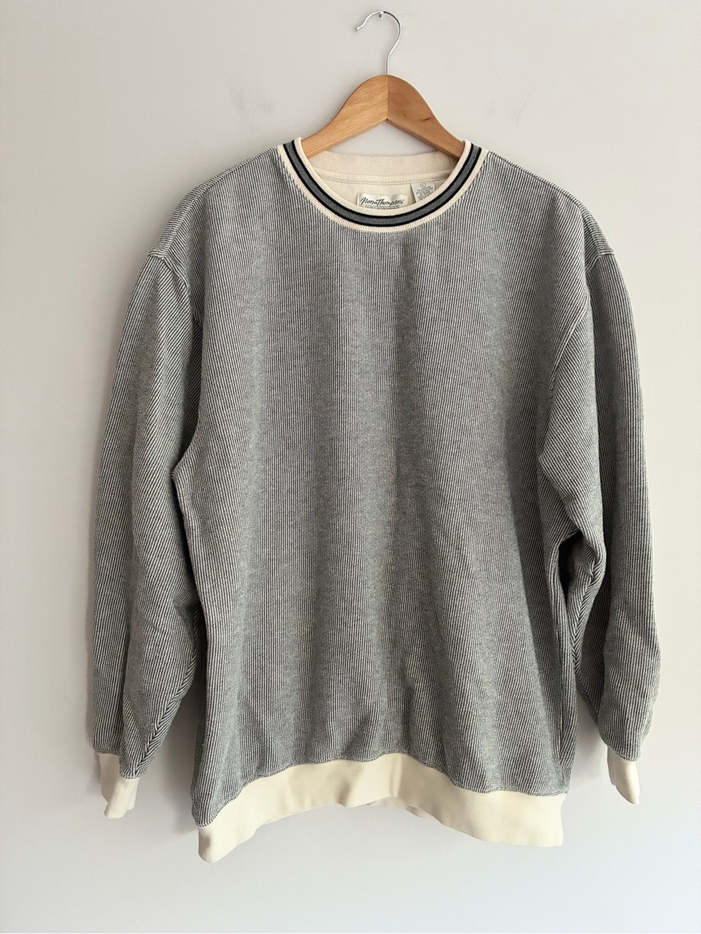 Norm Thompson Striped Gray Crewneck Sweatshirt with Cream Contrast Trim Large